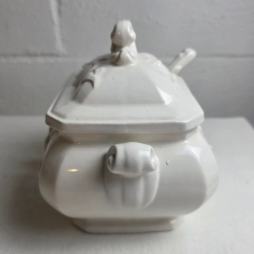 Vintage 50s Himark White Ceramic Fruit Embossed Tureen Lid Ladle Farmhouse Decor